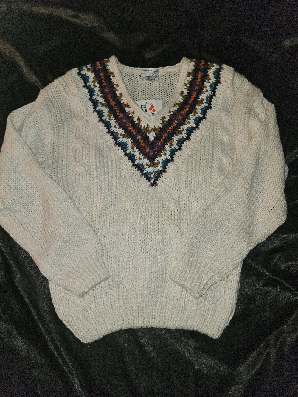 HAND KNIT Cream V-Neck Cable Knit Sweater with Multicolor Chevron Trim - Women's